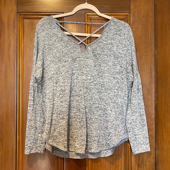 Gray Top with Criss Cross Neckline - Picture 1 of 5